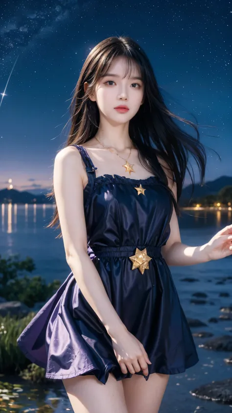 girl, Located in the corner, looking at the Sky, Solitary, Mona (Genshin Impact), Necklace, Hair between the eyes, Star (Symbolism), Long hair, Dark purple hair, Double tail, blue eyes, Shining eyes, jewelry, witch, maid, Bangs, Purple black dress, Purple ...