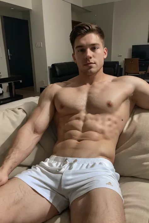 white man, 25 years old, with muscular build, on the living room sofa, wearing shorts