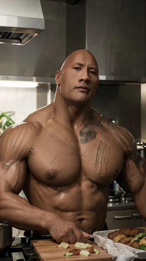 Dwayne Johnson, Cooking in the kitchen, perfect face, ultra HD, realistic.