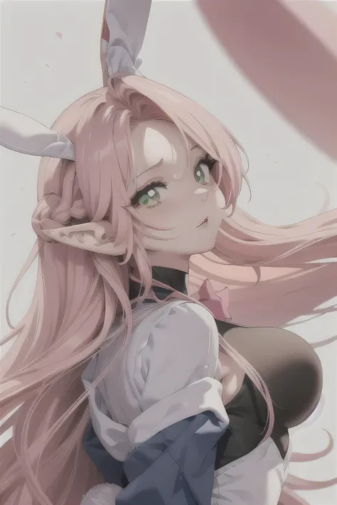 anime style, A cartoon closeup of a woman with ears and bunny tail, There is a rabbit tail, Has rabbit ears, Girls Design, Second-rate, portrait, Gisha, Anime Character, Long hair, Pink Hair, Hair covers the ears, Happy, Delicate and powerful appearance, D...