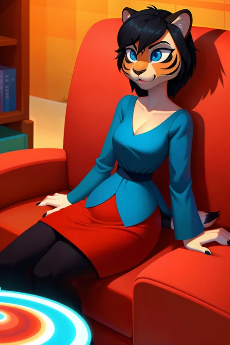 1 girl, hypnotized housewife, tigress anthro, black hair, blue eyes, empty eyes, red dress, sitting on couch, at home, mind-controlled, hypnotized, dazed, 3D Disney style