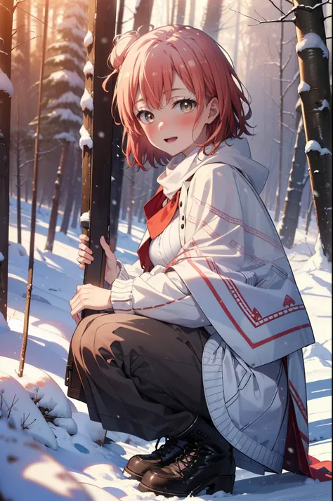 yuiyuigahama, yui yuigahama, short hair, (Brown eyes:1.5), (Pink Hair:1.2), Hair Bun, single Hair Bun, smile, (Big Breasts:1.2),smile,blush,White Breath,
Open your mouth,snow,Ground bonfire, Outdoor, boots, snowing, From the side, wood, suitcase, Cape, Blu...