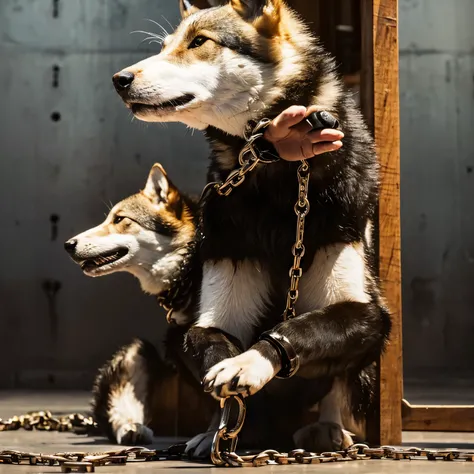 A picture of a wolf being chained by its hands and feet and forced to ejaculate