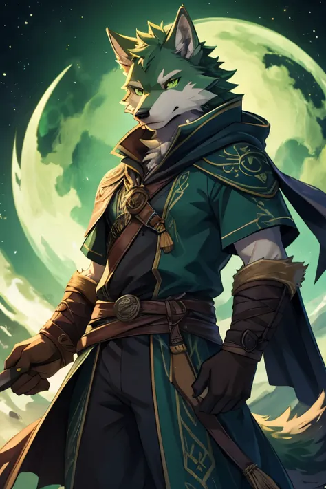 male wolf, green fur, green eye, wind mage, cool