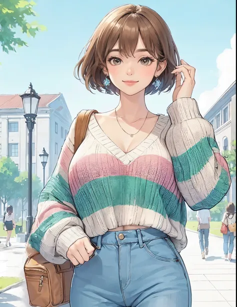 1lady solo, (strolling through university campus), stylish (refreshing knit) (denim pants), mature female, /(light brown short hair/) bangs, kind smile, (masterpiece best quality:1.2) delicate illustration ultra-detailed, large breasts, (holding casual bag...