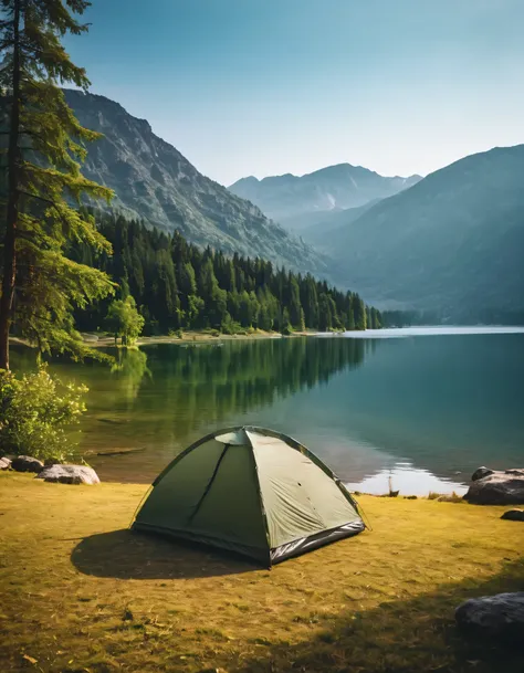 there is a tent set up on the shore of a lake, beautiful lake, peaceful environment, beautiful place, stunning nature in background, all in the amazing outdoors view, peaceful and serene, very beautiful scenery, very very beautiful scenery, lakeside mounta...