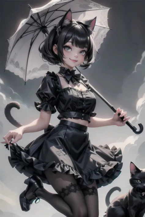 a cat girl smiling, goth clothing style, lace cloth clothing, wearing a mini ruffled skirt and crop shirt, shirt with short puff...