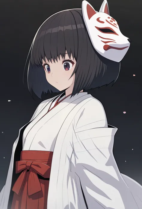 masterpiece, Very aesthetic, best quality, (by pononozo:1.3), score_9, score_8_up, score_7_up, 1girl, small breasts, young, short hair, reverse bob cut, black hair, miko, fox mask, Japanese clothes, kimono, white kosode, white kimono, red hakama skirt, sle...