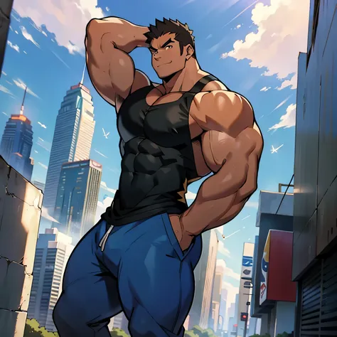 ((anime style art)), extremely muscular masculine character, bodybuilder body, wearing a sleeveless v-neck shirt, hands raised a...