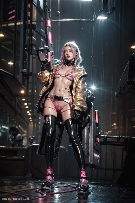 highest quality、surreal、perfect anatomy、Wet and shiny white skin、model body shape、Sweat dripping all over the body、Super small face、Ahegao、Cleavage、Cyberpunk City、Monotone urban tech wear、Pink, black, silver and golden hair、machine gun、Micro Bikini、Neon li...