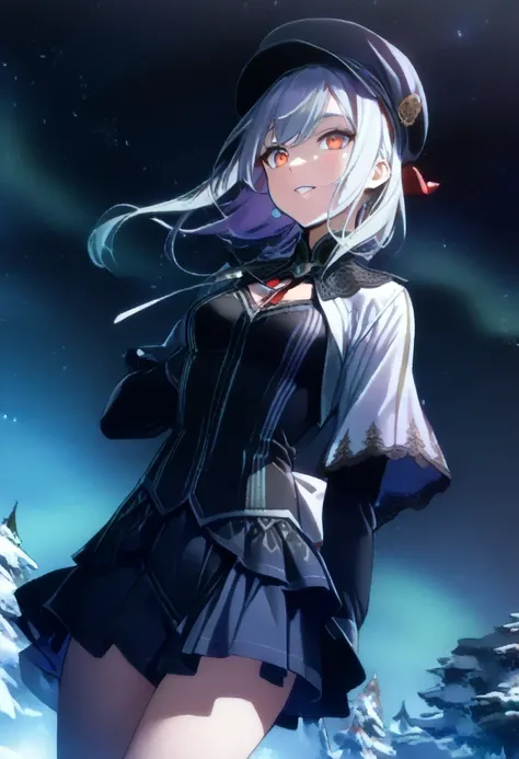 (shylily/(Twich/):1.5),(masterpiece:1.2),(best quality:1.2),((masterpiece:1.2, best quality)), 1 girl, Solitary, (Witch Hat), Long hair, skirt, aurora, night, Star (Sky), Gloves, Sky, White skirt, night days