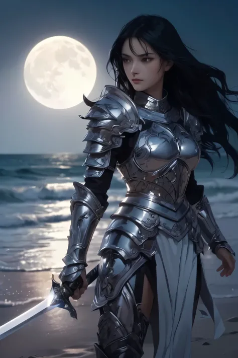 A beautiful woman. Black hair. She wears beautiful silver-white armor. She stands on the moonlit beach, holding a long sword. She has a tense expression on her face.