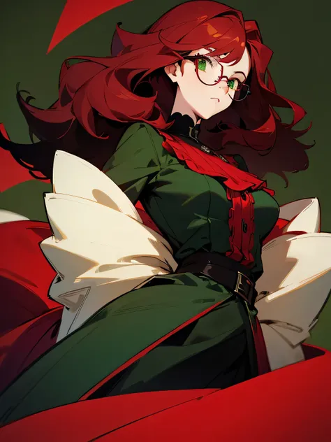 female character wavy dark red hair  and green eyes with rectangular glasses wearing a black and maroon Victorian based modern outfit