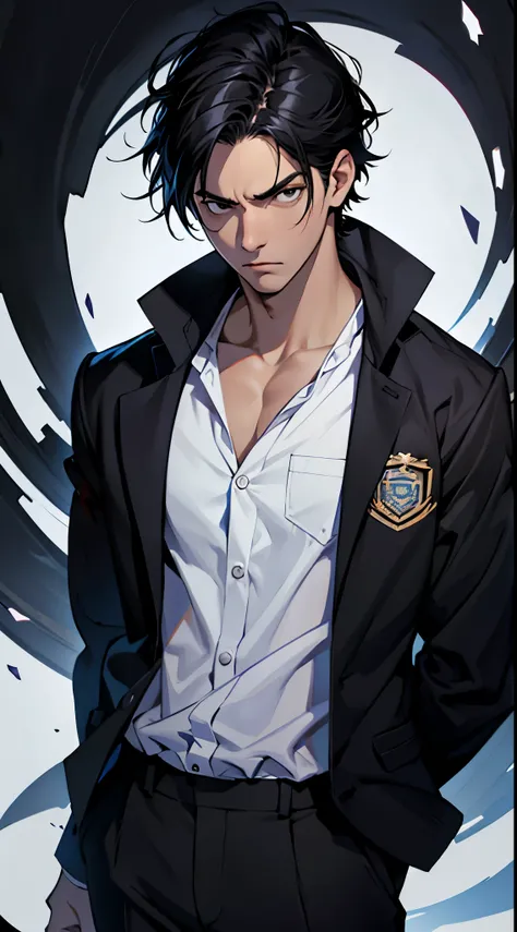 Adult male,Black hair,Wear a school uniform,Contemptuous expression, masterpiece, high quality,Blank Background,Black eyes,Bad Boys,The underworld,Confused Boy