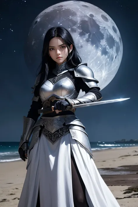 A beautiful woman. Black hair. She wears beautiful silver-white armor. She stands on the moonlit beach, holding a long sword. She has a tense expression on her face.