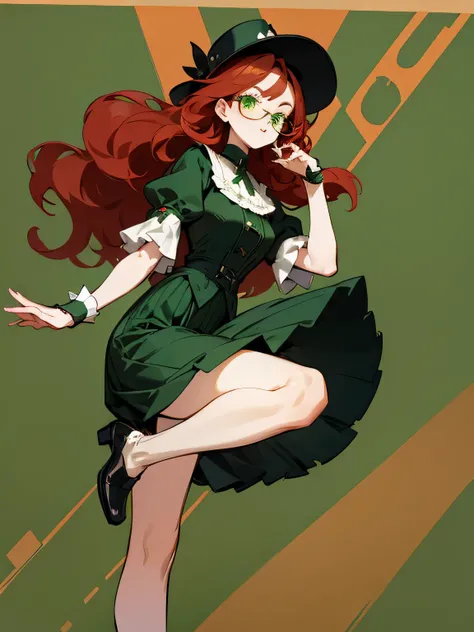 female character wavy red hair and green eyes with rectangle glasses wearing  black and green Victorian era based outfit but more modern short sleeves and up to knee skirt