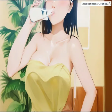 Japanese girl drinking from a glass, she is wrapped in a yellow towel, asian brunette girl drinks glass of milk. confident stance. breasts center shot, smooth soft highly detailed body. Realistic. 