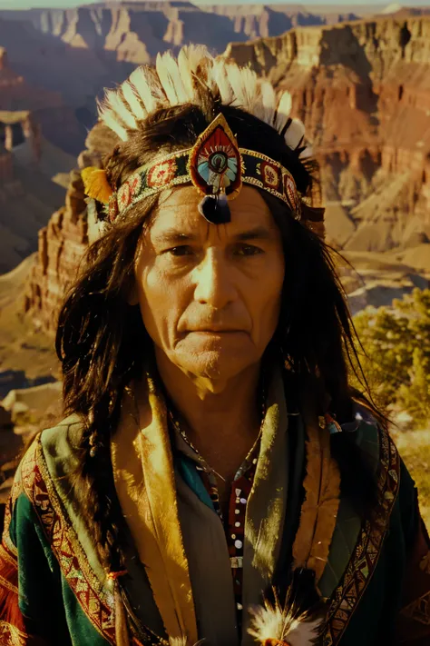 professional portrait of an old indian chief looking out over the grand canyon, he has on a magnificent headdress of a tradition...