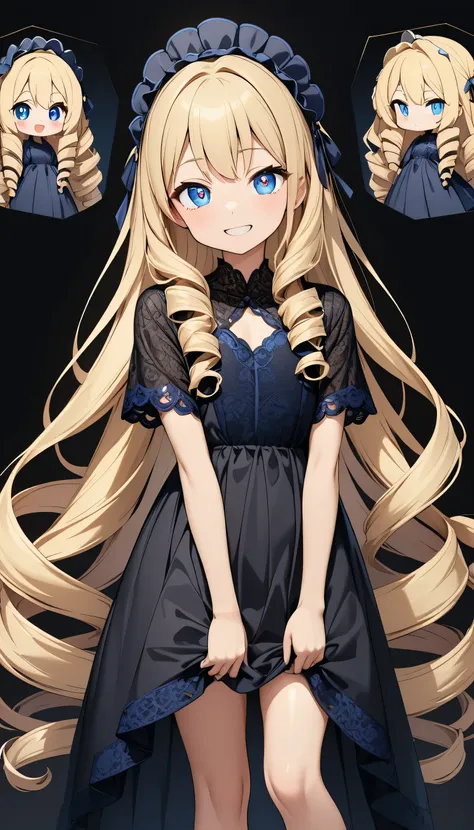 masterpiece, best quality, extremely detailed, high resolution, Japanese anime,1girl, blonde hair, (long length hair:1.4), side braid hair, curly hair, wavy hair, drill hair, curl outward hair, (blue eyes:1.5), (beautiful detailed eyes:1.4), laugh, 12 -yea...