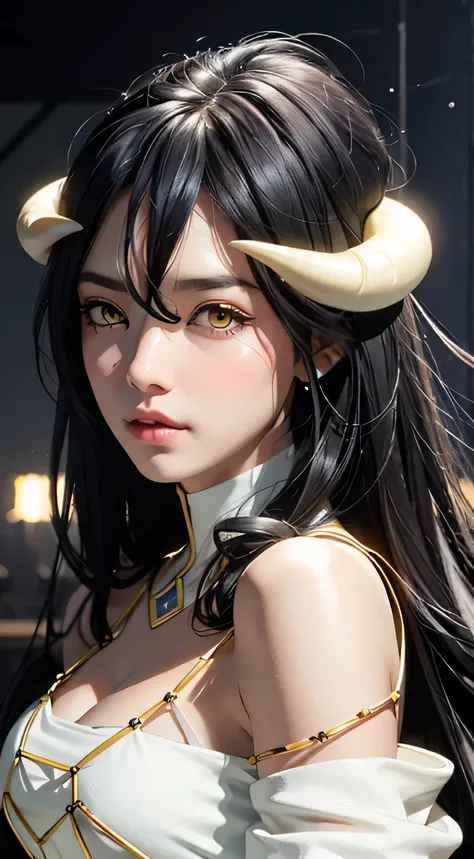 Masterpiece, Best quality, Ultra-detailed, illustration, epic lighting, Cinematic composition, isometry,(hexagons:1.2), 1girll, Horns, Solo, Yellow eyes, Black hair, Long hair, (Low wing:1.2), Large cleavage, Bare shoulders, hair between eye, Medium breast...