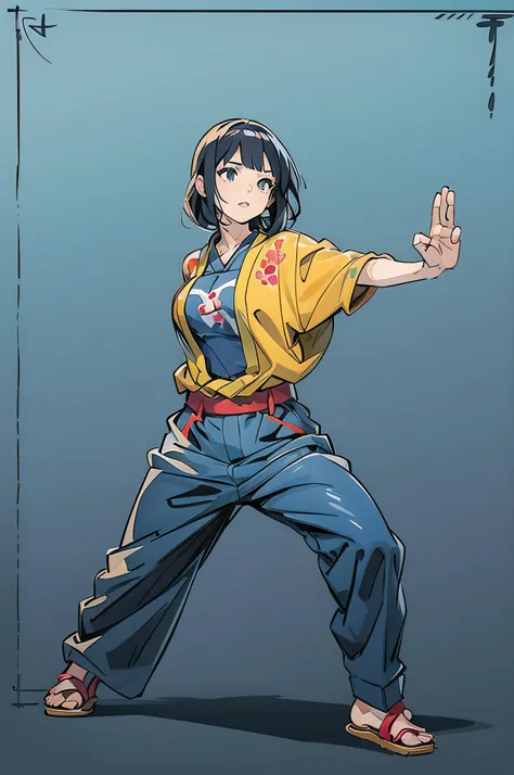 anime bold outline character in a traditional blue and yellow flower color kimono doing a karate pose, fighting stance, in japan...