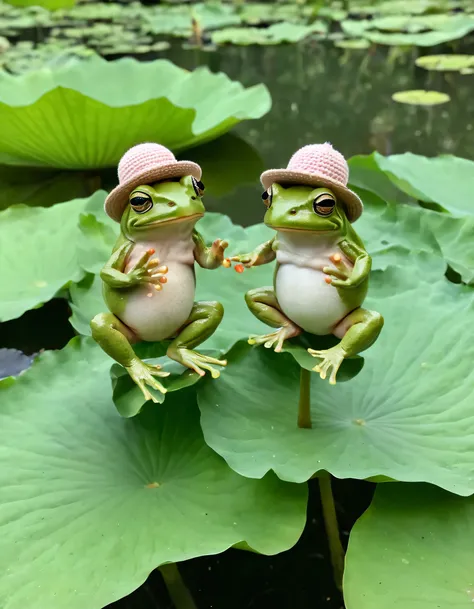 there are two frogs sitting on top of a lotus flower, cute frog, beautiful frog, frogs, alien frog, frog, frog themed, frog perspective, frog - elephant creature, the wednesday frog, a photo of a frog with a hat, sitting on a leaf, jumping flying and eatin...