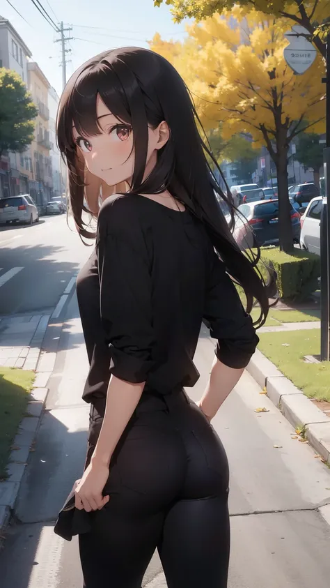 1girl, medium long brown hair, black shirt, black jeans, cute, hot, smooth skin, bare legs, absurdres, happy, high res, ultrasharp, 8K, sunny day, walking in the park, looking at viewer, from behind, leaning up against a tree, showing butt