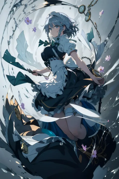 masterpiece, best quality, illustration, 1girl, solo, Izayoi Sakuya, (white short hair), maid headband, sharp eyes, (vivid color), light, thick smoke:1.6, (floating white ink:1.8), Cyan flame, (beautiful and clear background:1.25), (depth of field:0.7), Dr...