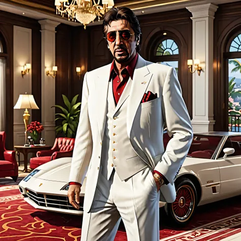 Young Al Pacino in a luxurious and elegant white suit with red mafia details, is in a luxurious mansion ,style grand theft auto, portair hd