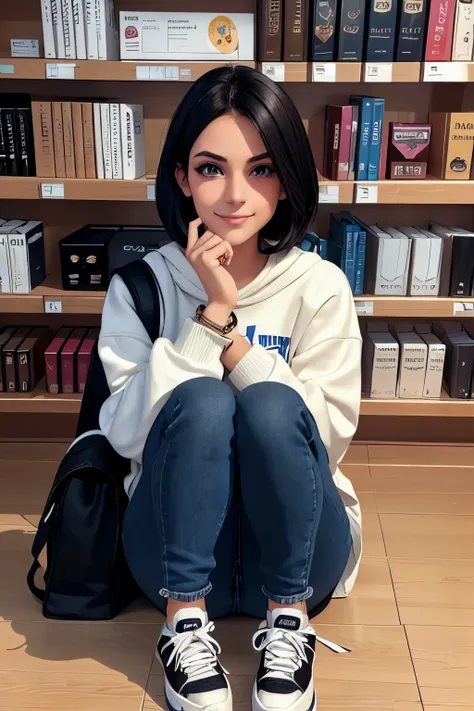 Caucasian woman, 20 years old, short straight black hair, almond-shaped brown eyes, makeup, big eyeliner, painted nails, friendly and kind smile, background, library, holds book in hand, sweatshirt, blue bracelet, backpack on back, black jeans worn around ...