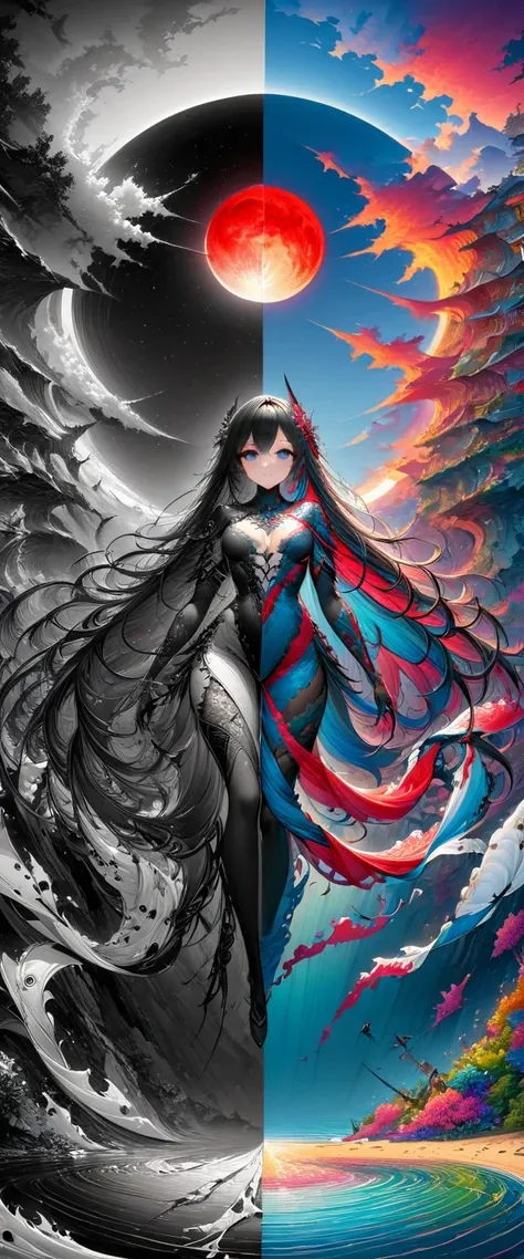 Black、White、Blue and Red,(best quality, Ultra Detailed, high resolution, Extremely detailed CG),Wide-angle lens,Dead angel standing on the edge of a cliff,She is very pretty,She likes blood and the ocean,Blood Rain, mystery,Fanatic, Blood Moon, Surreal,fin...