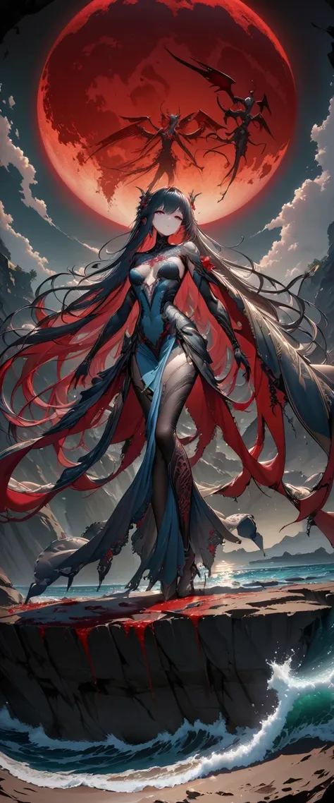 Black、White、Blue and Red,(best quality, Ultra Detailed, high resolution, Extremely detailed CG),Wide-angle lens,Dead angel standing on the edge of a cliff,She is very pretty,She likes blood and the ocean,Blood Rain, mystery,Fanatic, Blood Moon, Surreal,fin...