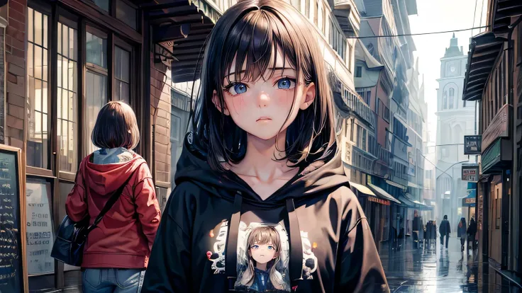 (oil, masterpiece, highest quality, Super detailed, Focus on the characters), girl、Sad expression、Detailed facial expression depiction，Detailed hair depiction,([return:0.8]|[ face facing returnwards:1.1]), 
hoodie,([Rainy Town Scenario:1.2]|[ ground:1.3]| ...