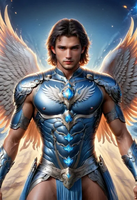 whole body photorealistic handsome Hunky man with Phoenix themed blue and silver  light armor, Saint Seiya style helmet and skirt, Shirtless, whole body, best quality, master, Realistic face, best quality, Portrait of a boy, True-to-life 4K, 18K, Tornadoes...