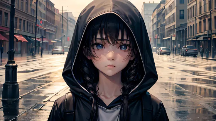 (oil, masterpiece, highest quality, Super detailed, Focus on the characters), girl、Sad expression、Detailed facial expression depiction，Detailed hair depiction,([return:0.8]|[ face facing returnwards:1.1]), 
hoodie,([Rainy Town Scenario:1.2]|[ ground:1.3]| ...