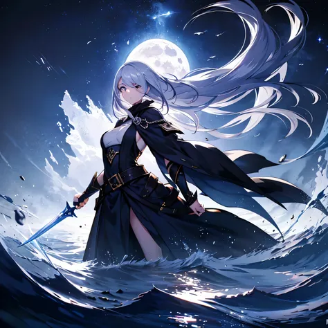 moon, tall and wise woman, shrouded in mystery, gracefully stood on the endless shore of the black ocean. her pale silhouette wa...