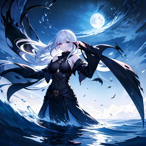 moon, tall and wise woman, shrouded in mystery, gracefully stood on the endless shore of the black ocean. her pale silhouette wa...