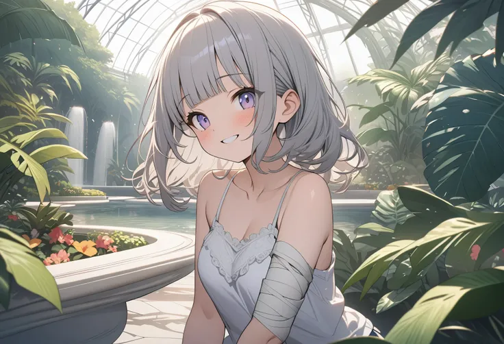 ((Masterpiece)), ((best quality)), (Anime:1.3), palace giant greenhouse, gardens, fountains, tropical plants, cute teenage girl, (textured skin), smile, camisole, ultra-detailed, (loose blunt bangs), Massively bandaged arms,