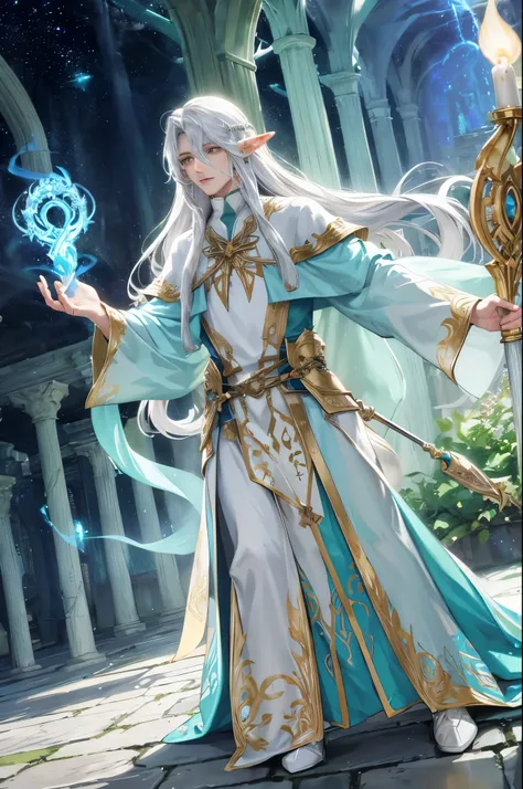 Male high-elf, clad in mystical robes, wields a staff radiating with ethereal lighting. Amidst an enchanting environment, vibrant colors burst forth, painting the scene with otherworldly beauty. Ancient runes etched into his staff twinkle with intricate de...