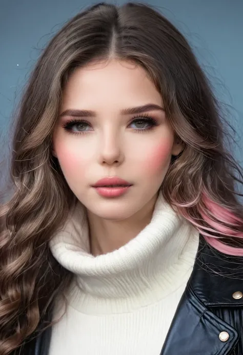 girl, long brown hair, Gray eyes, Sharp features, White skin, Pink lips, Wavy Hair, sweater, Brown jacket