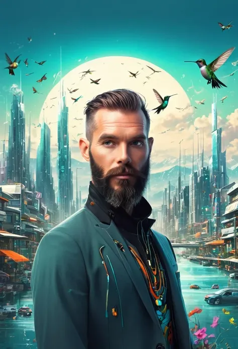 One with a beard、Man with futuristic look standing in front of city, By Mike "Bepple" Winkelmann, Portrait of a digital shaman, Mixed style beeple, Hummingbird Artwork, beeple 和 jeremiah ketner, 8 0 Style Thomas Allen Koppela, Greg Beeple