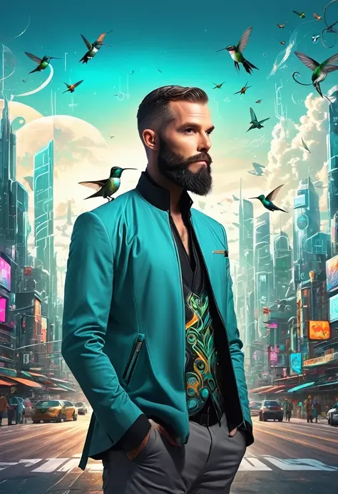 One with a beard、Man with futuristic look standing in front of city, By Mike "Bepple" Winkelmann, Portrait of a digital shaman, Mixed style beeple, Hummingbird Artwork, beeple 和 jeremiah ketner, 8 0 Style Thomas Allen Koppela, Greg Beeple