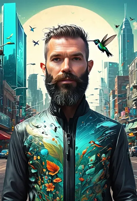 One with a beard、Man with futuristic look standing in front of city, By Mike "Bepple" Winkelmann, Portrait of a digital shaman, Mixed style beeple, Hummingbird Artwork, beeple 和 jeremiah ketner, 8 0 Style Thomas Allen Koppela, Greg Beeple