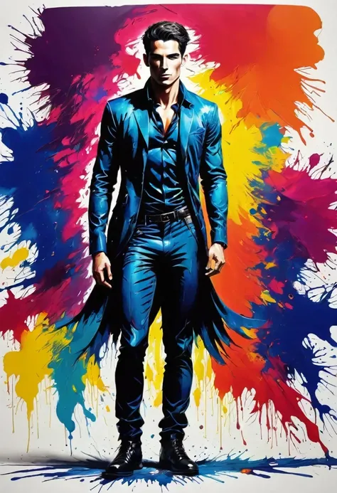 Male silhouette:jock:Dynamic poses:contour,ink splatter,Bold Colors,dynamically,rich and colorful,An abstract painting，Look closely，Like a person,artwork,mystery,design