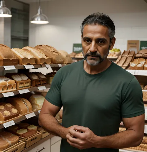 Man, 40 yeara old, barba grisalha, dark green shirt, in a breadstore, masterpiece, 4k