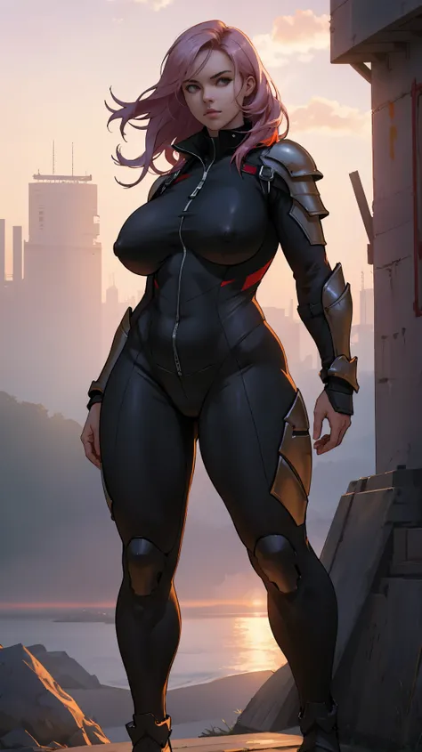 assassin, huge breasts, thin, wide hips, high res, high resolution, thick thighs, realistic, raw photo, thick thighs, armor bodysuit standing pose, nipple outline, sunset, beautiful lighting, full body, wallpaper, 4k, 8k, background good hands thicc