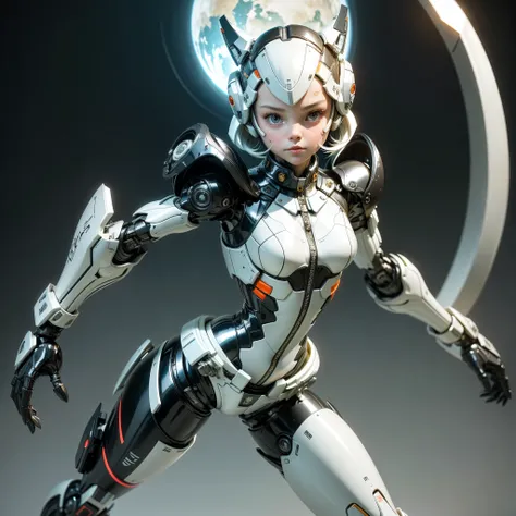 Very cute human 8 year old girl face, doll-like body with robot arm, robot waist and legs, very cute and feminine, short, , small, full hip, medium bust, tight-fitting white armor, cleavage, flat belly visible, helmet with antenna,  very stylish, Black rub...