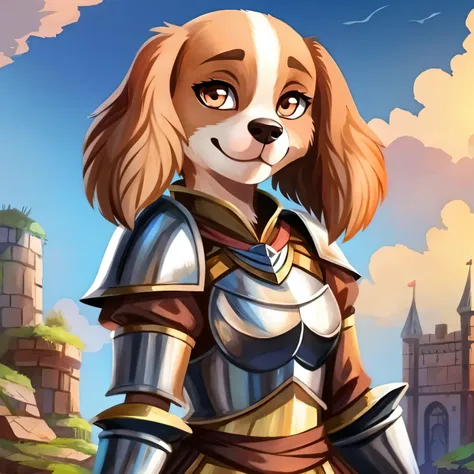 Lady the spaniel pup as furry knight girl, peach coloured fur, cute