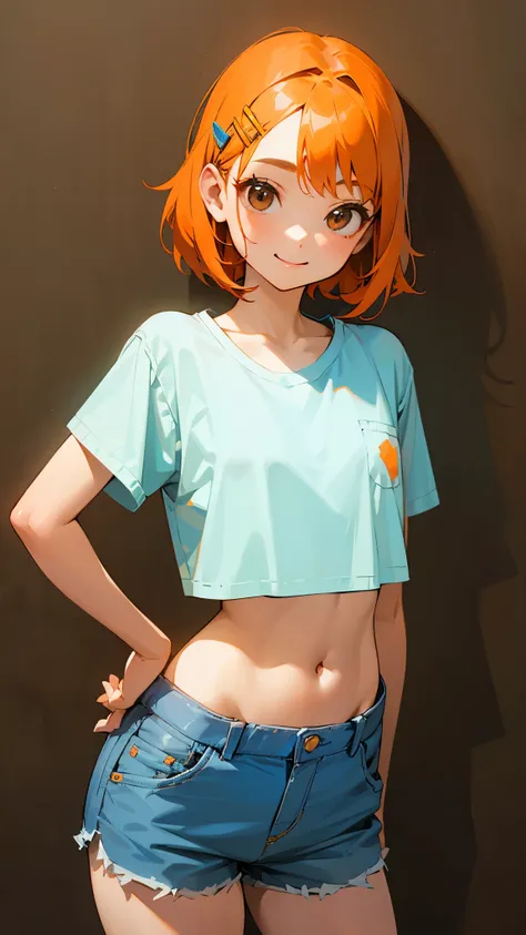 1 girl、cowboy shot、simple t-shirt、light blue medium hair、beautiful brown eyes、orange hair clip、flat chest、smile、please put your ...