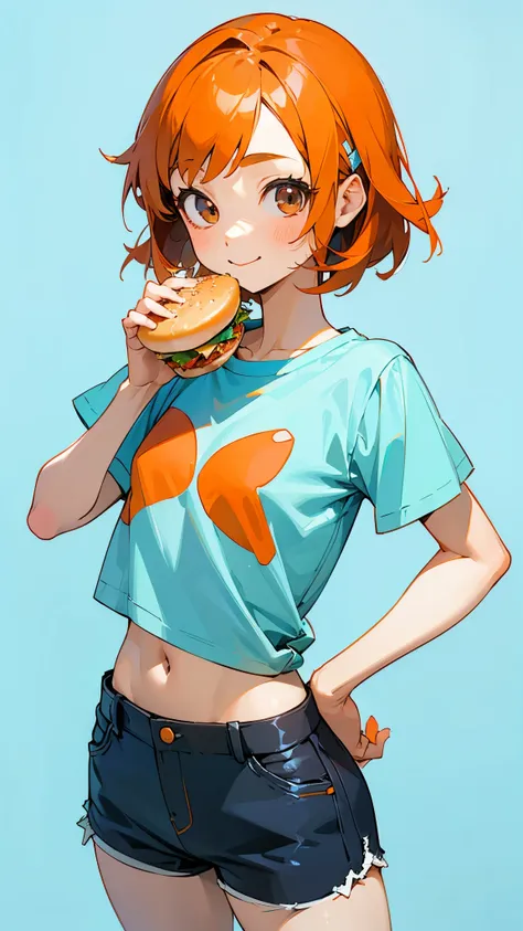 1 girl、Cowboy Shot、Simple T-shirt、light blue medium hair、Beautiful brown eyes、Orange Hair Clip、Flat Chest、smile、Please put your hands on your hips、Shorts、Eating a hamburger